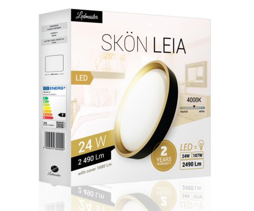 Skön Leia 24 W-os ø400 mm kerek natúr fehér fekete-arany színű mennyezeti lámpa IP20-as védettségű