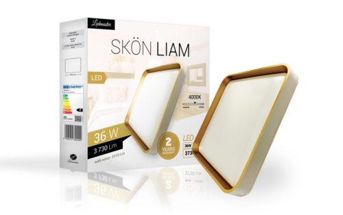 Skön Liam 36 W-os ø500 mm négyzet alakú natúr fehér fehér-arany színű mennyezeti lámpa IP20-as védettségű
