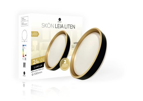 Skön Leia Liten 24 W-os ø330 mm kerek natúr fehér fekete-arany színű mennyezeti lámpa IP20-as védettségű