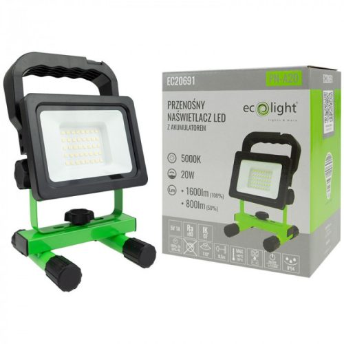 EcoLight 20 W-os natúrfehér hordozható LED reflektor újratölthető akkumlátorral