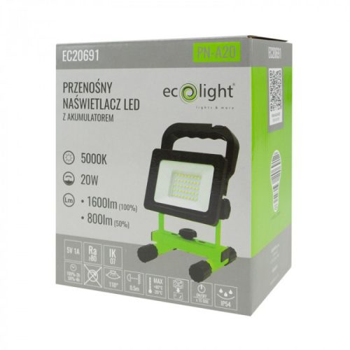 EcoLight 20 W-os natúrfehér hordozható LED reflektor újratölthető akkumlátorral