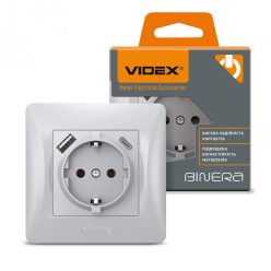   Videx Binera ezüst színű süllyesztett földelt csatlakozó aljzat + 1-1 db USB csatlakozóval USB-C csatlakozóval (20/120)