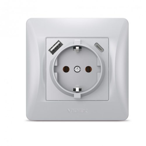 Videx Binera ezüst színű süllyesztett földelt csatlakozó aljzat + 1-1 db USB csatlakozóval USB-C csatlakozóval (20/120)