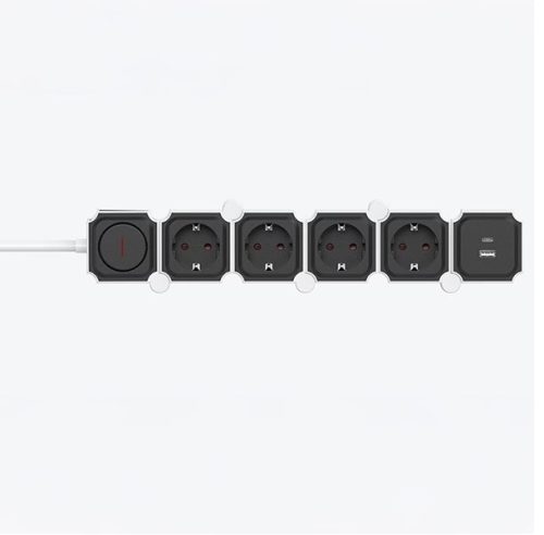 Földelt 4-es flexibilis elosztó 2 USB-vel (A+C), 2m-es, kapcsolóval
