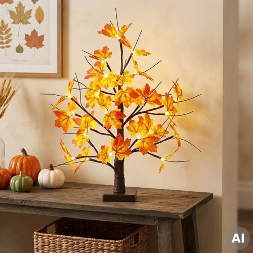 HOME ATM02 asztali juharfa dekoráció, 60 cm, 24 db melegfehér LED, időzítő, elemes tápellátás, beltéri kivitel, fekete
