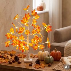   HOME ATM03 asztali juharfa dekoráció, 60 cm, 24 db melegfehér LED, időzítő, elemes tápellátás, beltéri kivitel fehér