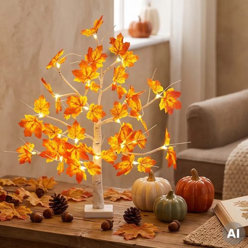 HOME ATM03 asztali juharfa dekoráció, 60 cm, 24 db melegfehér LED, időzítő, elemes tápellátás, beltéri kivitel fehér