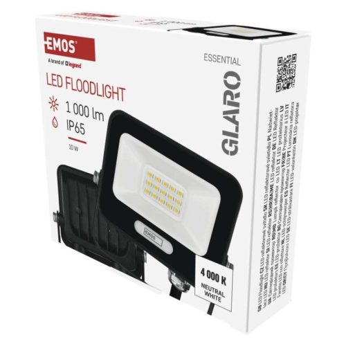 LED reflektor GLARO 10W, fekete, IP65, 1000 lm, természetes fehér