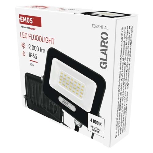 LED reflektor GLARO 20W, fekete, IP65, 2000 lm, természetes fehér