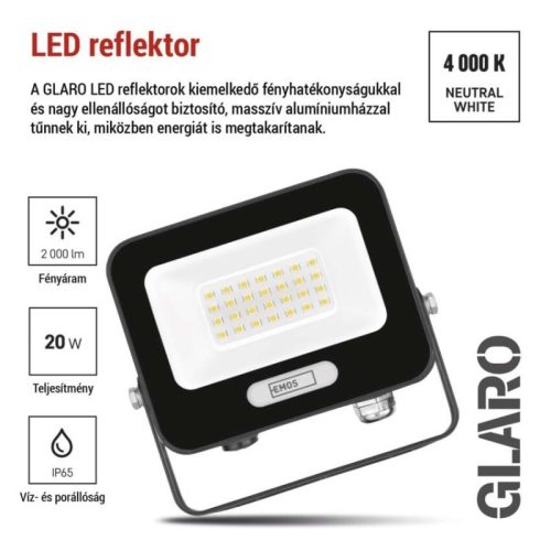 LED reflektor GLARO 20W, fekete, IP65, 2000 lm, természetes fehér