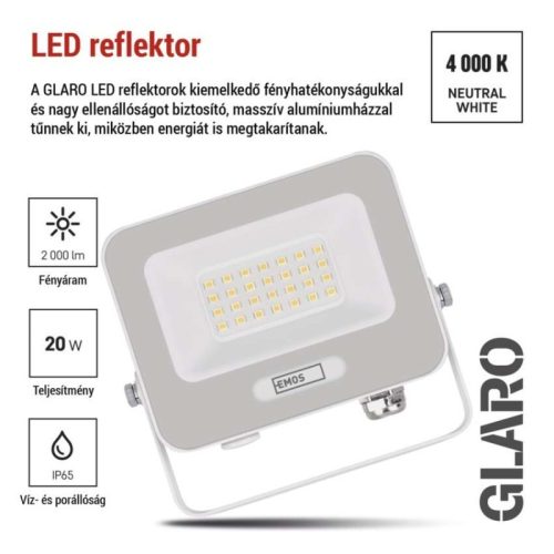 LED reflektor GLARO 20W, fehér, IP65, 2000 lm, természetes fehér