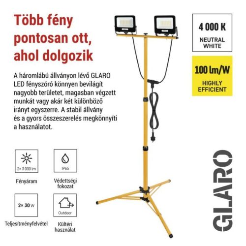 EMOS GLARO LED reflektor 2×30W + háromlábú állvány