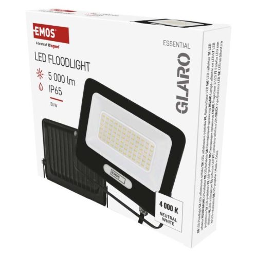 LED reflektor GLARO 50W, fekete, IP65, 5000 lm, természetes fehér
