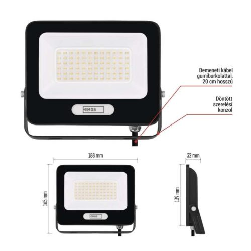LED reflektor GLARO 50W, fekete, IP65, 5000 lm, természetes fehér
