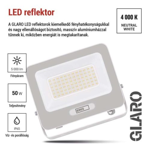 LED reflektor GLARO 50W, fehér, IP65, 5000 lm, természetes fehér