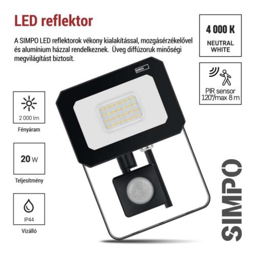 LED reflektor SIMPO PIR 20 W természetes fehér