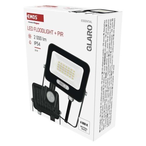 LED reflektor GLARO PIR 20 W, fekete, IP54, 2000 lm, természetes fehér