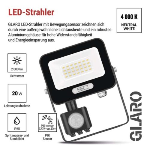 LED reflektor GLARO PIR 20 W, fekete, IP54, 2000 lm, természetes fehér