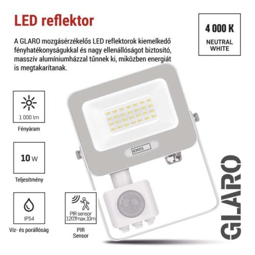 LED reflektor GLARO PIR 20 W, fehér, IP54, 2000 lm, természetes fehér