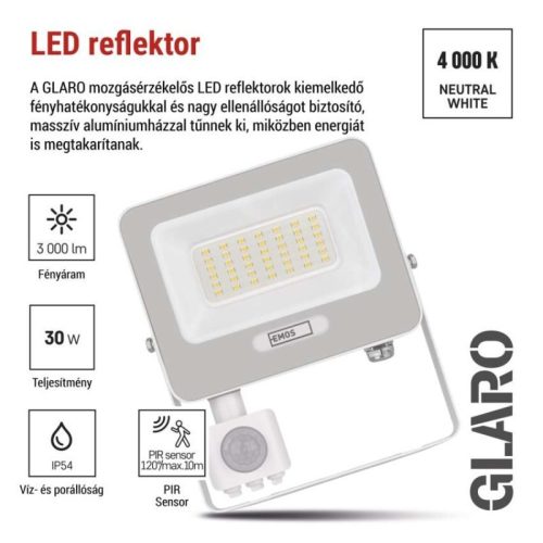 LED reflektor GLARO PIR 30 W, fehér, IP54, 3000 lm, természetes fehér