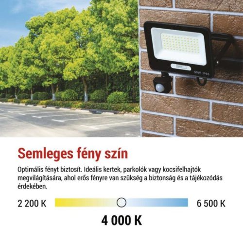 LED reflektor GLARO PIR 50 W, fekete, IP54, 5000 lm, természetes fehér