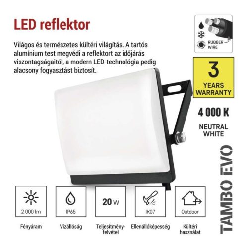 LED-es reflektor TAMBO EVO, 20 W, 2000 lm, IP65, fekete