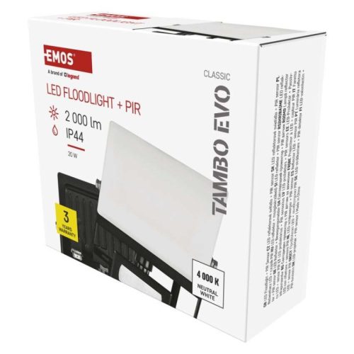 LED-es reflektor TAMBO EVO mozgásérzékelővel, 20 W, 2000 lm, IP44, fekete