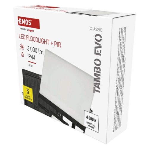 LED-es reflektor TAMBO EVO mozgásérzékelővel, 30 W, 3000 lm, IP44, fekete