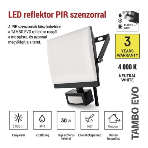 LED-es reflektor TAMBO EVO mozgásérzékelővel, 30 W, 3000 lm, IP44, fekete