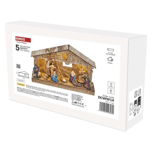 LED karácsonyi betlehem, fa, 19 cm, 3x AA, beltéri, meleg fehér, időzítő