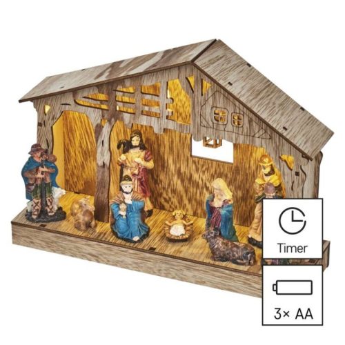 LED karácsonyi betlehem, fa, 19 cm, 3x AA, beltéri, meleg fehér, időzítő