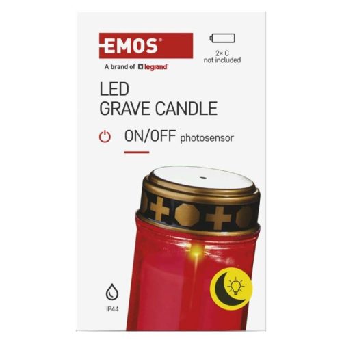 LED temetői mécses, piros, 2x C, kültéri és beltéri, meleg fehér, érzékelő