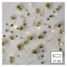 LED karácsonyi fényfüzér – arany gömb csillagokkal, 1,9m, 2xAA, beltéri, meleg fehér, idő.