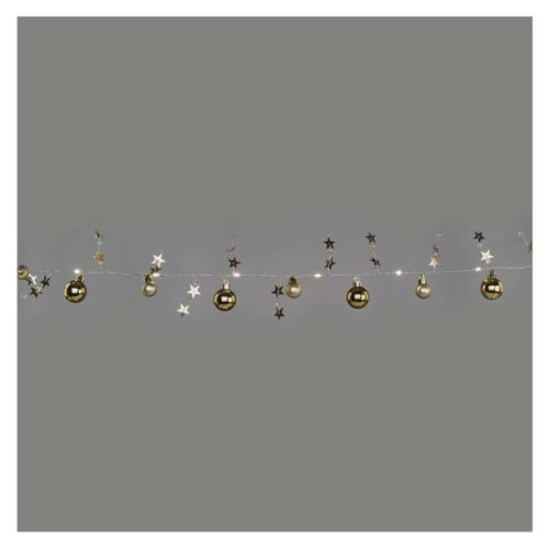 LED karácsonyi fényfüzér – arany gömb csillagokkal, 1,9m, 2xAA, beltéri, meleg fehér, idő.