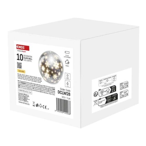 LED karácsonyi üveggömb – hópelyhek, 12 cm, 3x AA, beltéri, meleg fehér, időzítő