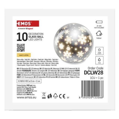 LED karácsonyi üveggömb – hópelyhek, 12 cm, 3x AA, beltéri, meleg fehér, időzítő