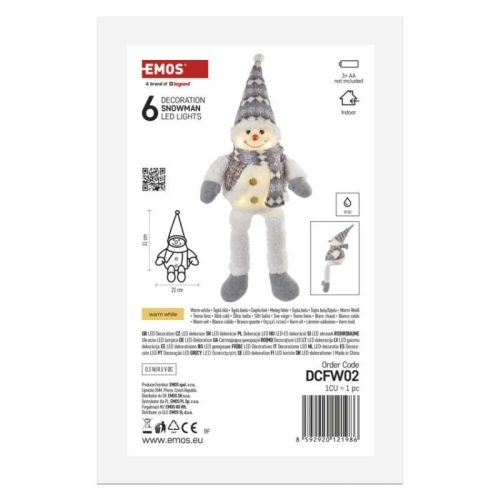 LED karácsonyi ülő hóember, 31 cm, 3× AA, beltérre, meleg fehér