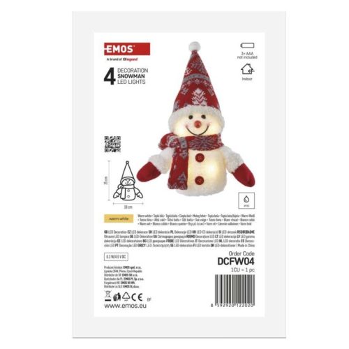 LED karácsonyi világító hóember, 25 cm, 3x AAA, beltéri, meleg fehér, időzítő