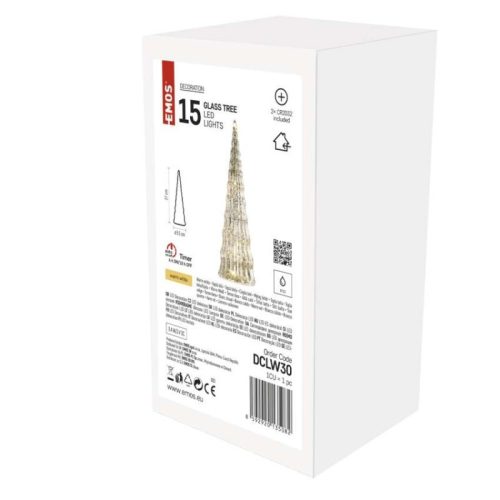 LED-es üveg karácsonyfa, 27 cm, 2x CR2032, beltéri, meleg fehér, időzítő