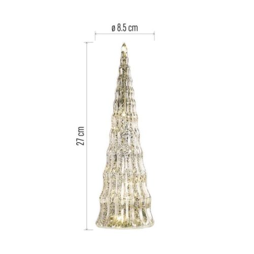 LED-es üveg karácsonyfa, 27 cm, 2x CR2032, beltéri, meleg fehér, időzítő