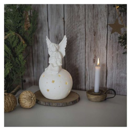 LED kerámia angyal, 29 cm, 2x AA, meleg fehér, időzítő