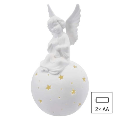 LED kerámia angyal, 29 cm, 2x AA, meleg fehér, időzítő
