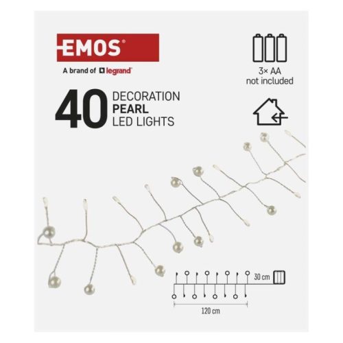 LED fényfüzér - gyöngyök, 1,2 m, 3x AA, beltéri, meleg fehér, időzítő