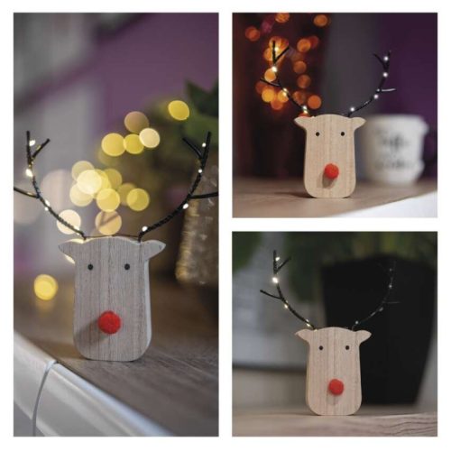 LED dekoráció, fa -rénszarvas, 16 cm, 2x AAA, beltéri, meleg fehér, időzítő, 12db, display