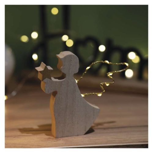 LED dekoráció, fa -angyal, 13 cm, 2x AAA, beltéri, meleg fehér, időzítő