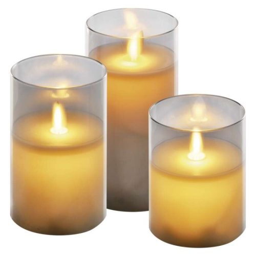 LED dekoráció - 3x viaszgyertya üvegben, 6x AA, meleg fehér, időzítő