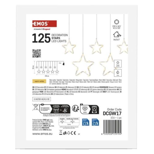 LED karácsonyi függöny – csillagok, 190x50 cm, kültéri és beltéri használatra, meleg fehér