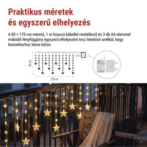 LED karácsonyi függöny – csillagok, 170x85 cm, 3x AA elem, IP44, meleg fehér, időzítő