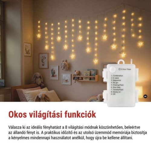 LED karácsonyi függöny – csillagok, 170x85 cm, 3x AA elem, IP44, meleg fehér, időzítő