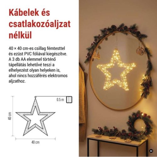LED-dísz – függő csillag, 3xAA, meleg fehér, időzítő